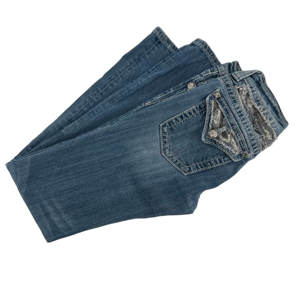 Miss Me Womens Jeans Size 28 Medium Wash Distressed Bling Boot Cut JP124B3
